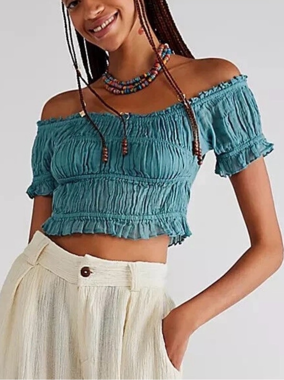 Free People FP One Cheri Top Smocked Cropped Sea Water Off The Shoulder L NEW